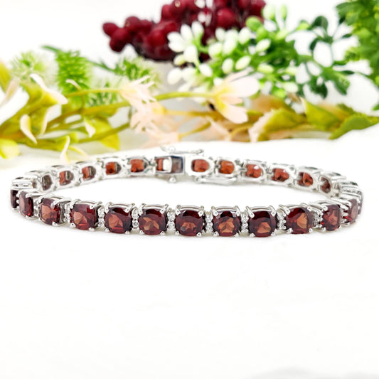 925 Sterling Silver, Natural Garnet Bracelet, Tennis Bracelet, January Birthstone, Gift For Girlfriend, Wife