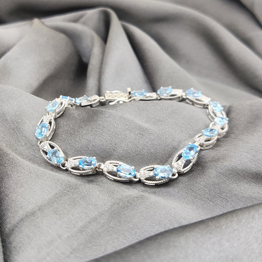 Swiss Blue Topaz Tennis Bracelet: Sterling Silver, December Birthstone, Handmade Gemstone Oval Jewelry