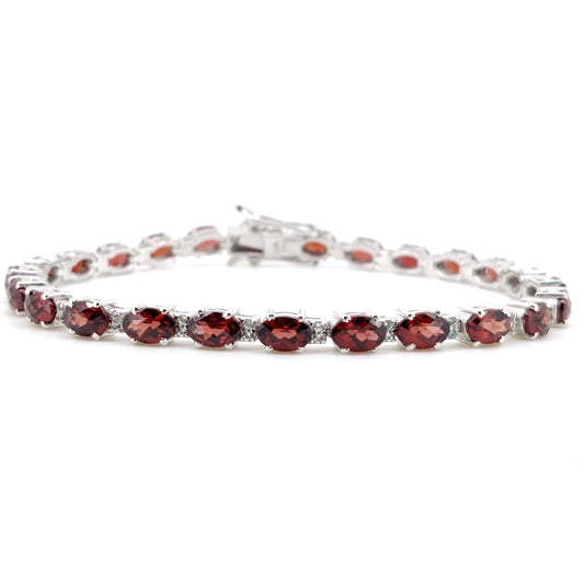 Oval Garnet Tennis Bracelet, Sterling Silver, January Birthstone, Minimalist Jewelry