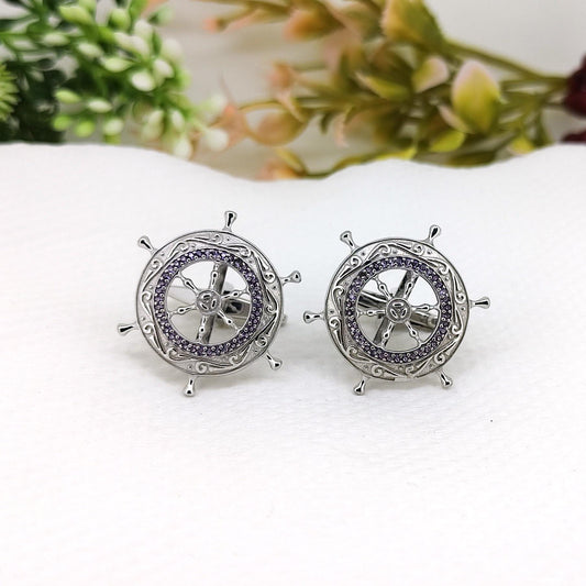 Handmade Sterling Silver Amethyst Cufflinks Nautical Ship Wheel February Birthstone