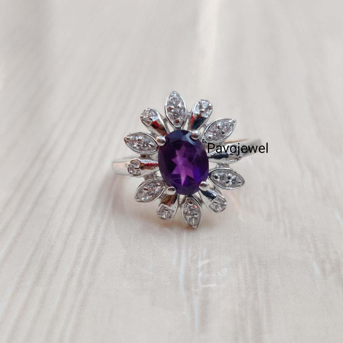 Sterling Silver Amethyst Ring: February Birthstone, Zircon Accents Christmas Gift
