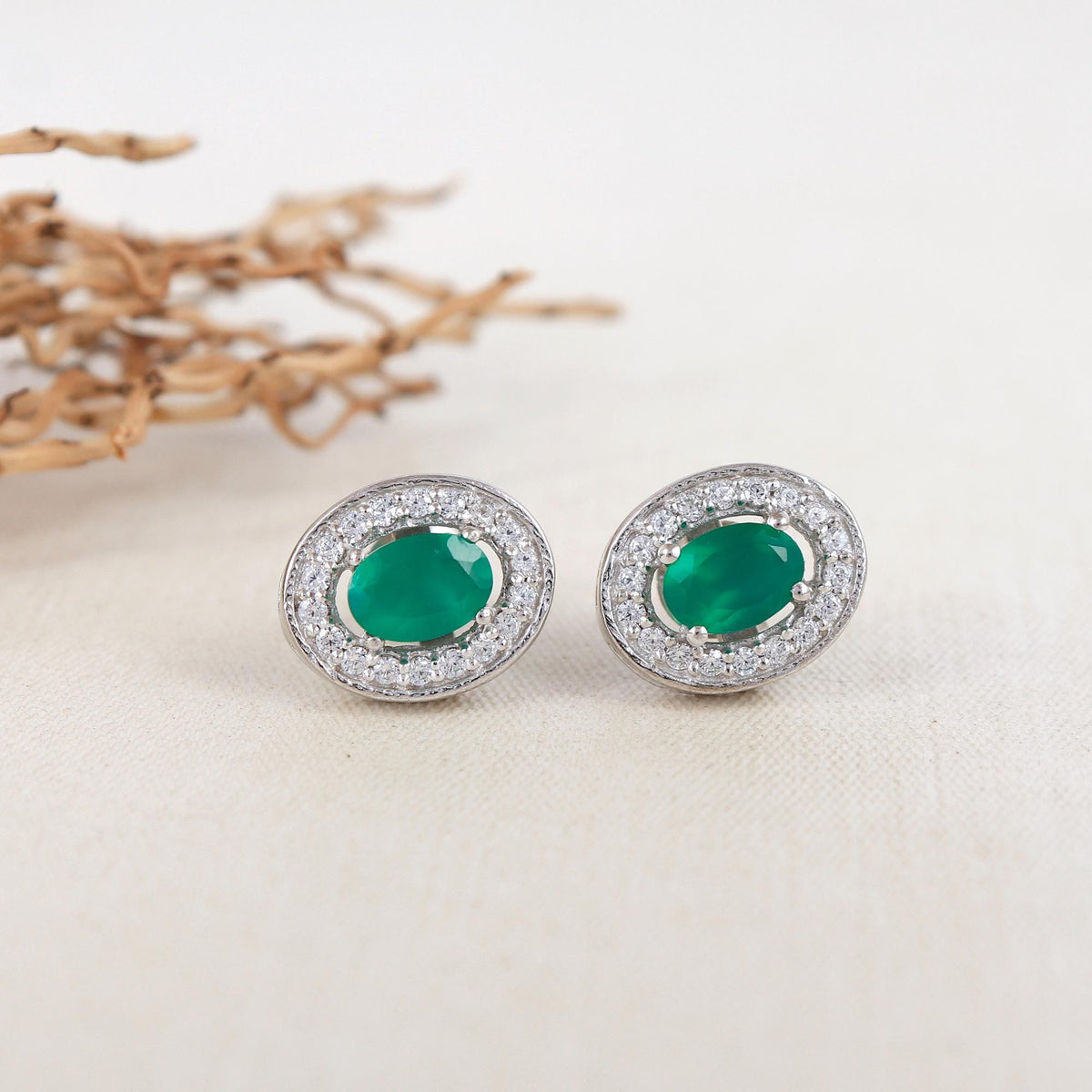 Green Onyx Sterling Silver Earrings: CZ Diamond Halo, Oval Studs