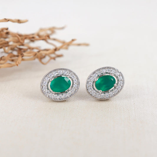 Green Onyx Sterling Silver Earrings: CZ Diamond Halo, Oval Studs