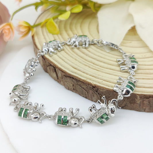 Natural Emerald Elephant Bracelet-925 Sterling Silver-Square Gemstone-May Birthstone Bracelet
