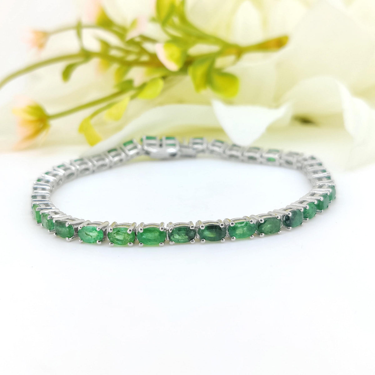 Natural Emerald Tennis Bracelet-925 Sterling Silver-May Birthstone-Green Emerald Jewelry