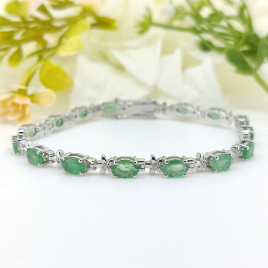 Natural Emerald Bracelet-925 Sterling Silver-Gemstone Tennis Bracelet-May Birthstone-Oval Green Emerald Jewelry-Gift for Anniversary