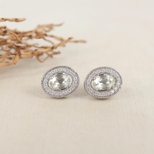 Green Amethyst Sterling Silver Earrings: Oval Halo Studs