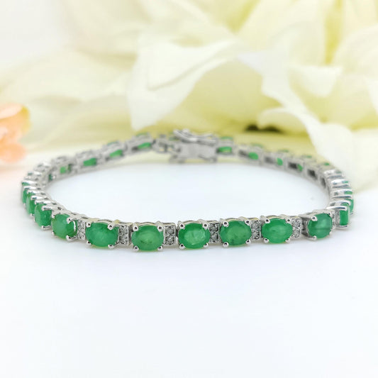 Natural Emerald Tennis Bracelet-925 Sterling Silver-Oval Gemstone-May Birthstone Bracelet