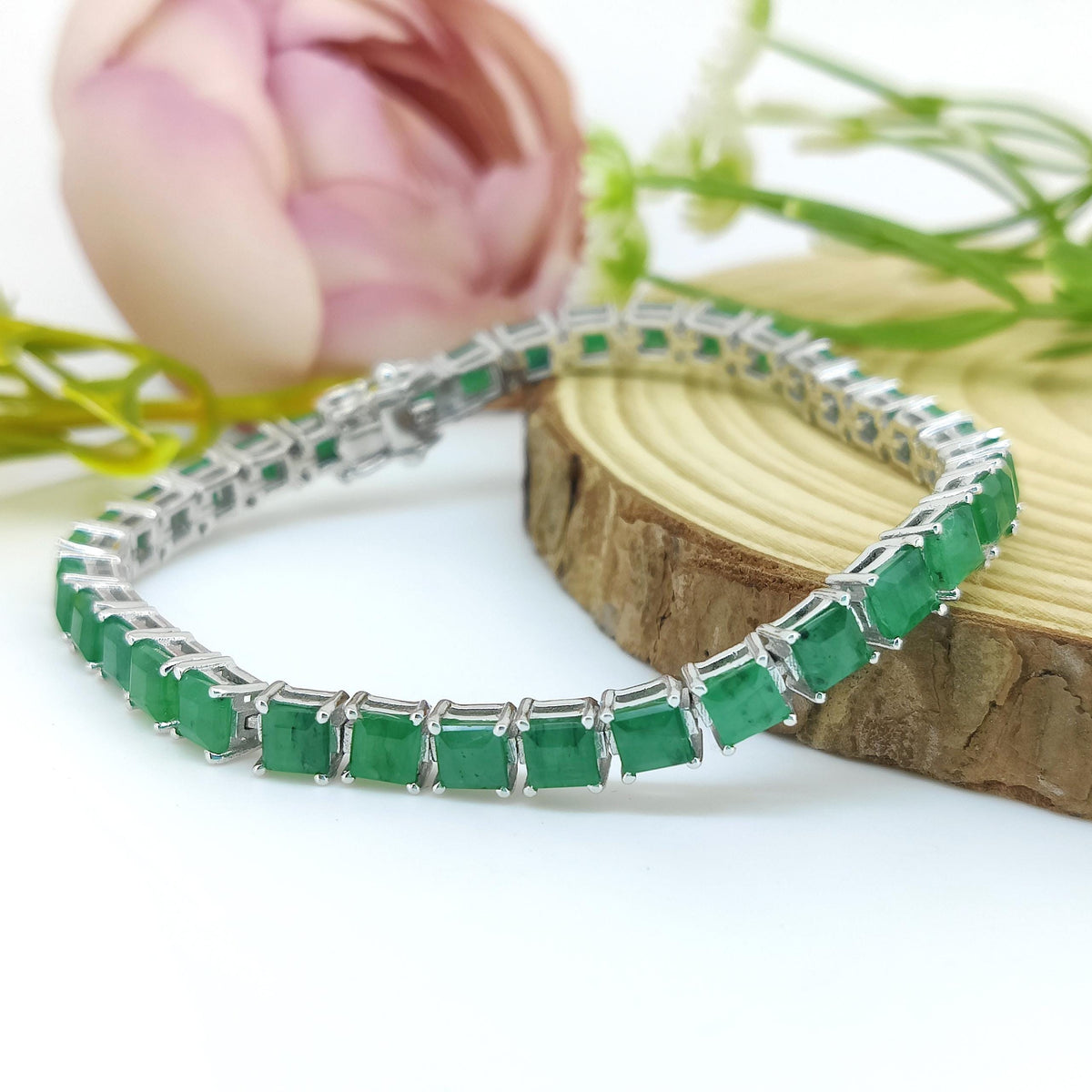 Natural Square Emerald Bracelet-925 Sterling Silver Jewelry-May Birthstone-Gemstone Tennis Bracelet-Green Emerald Jewelry-Gift for Birthday