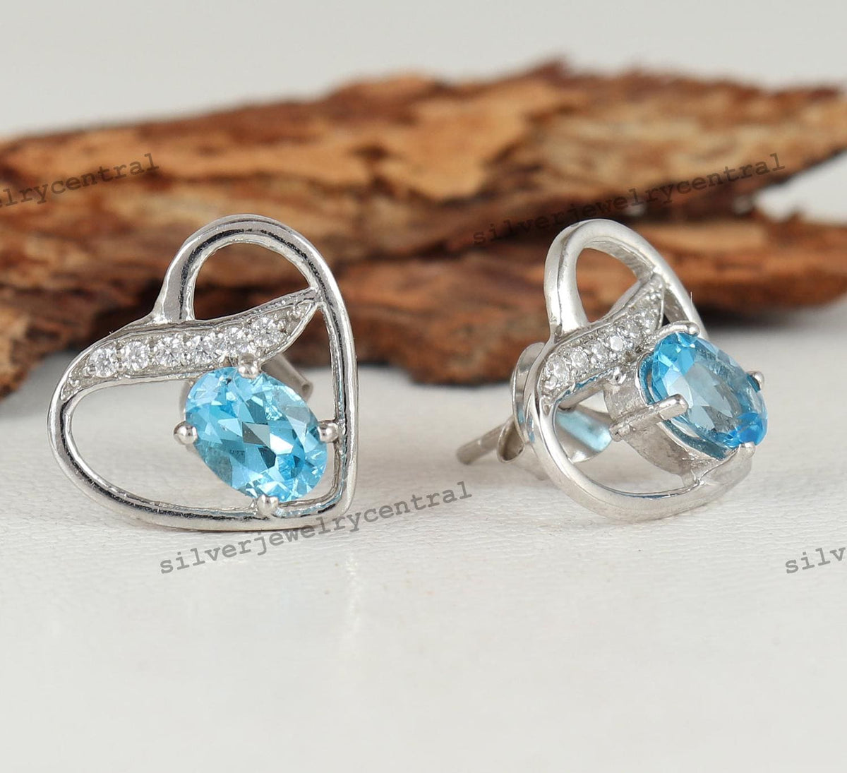 Sterling Silver Blue Topaz Heart Stud Earrings, December Birthstone Jewelry