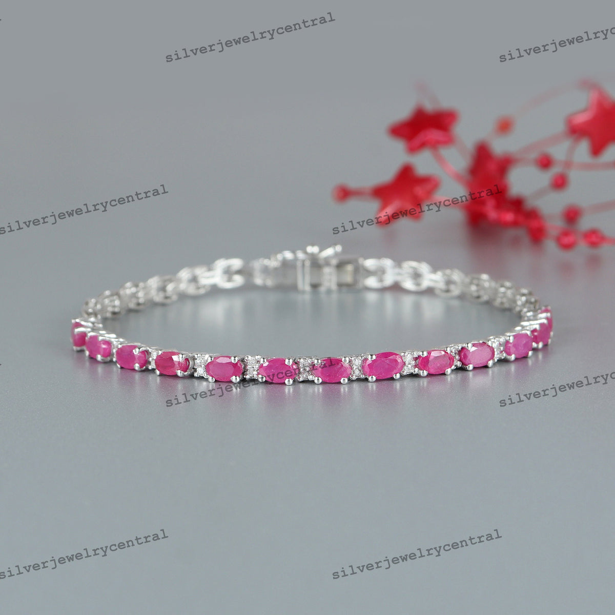 Natural Oval Ruby Diamond Tennis Bracelet, Sterling Silver, July Birthstone