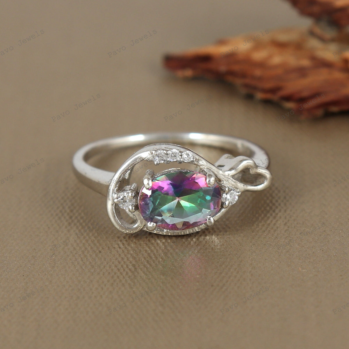 Oval Mystic Topaz Ring Sterling Silver Antique Design Women's Jewelry