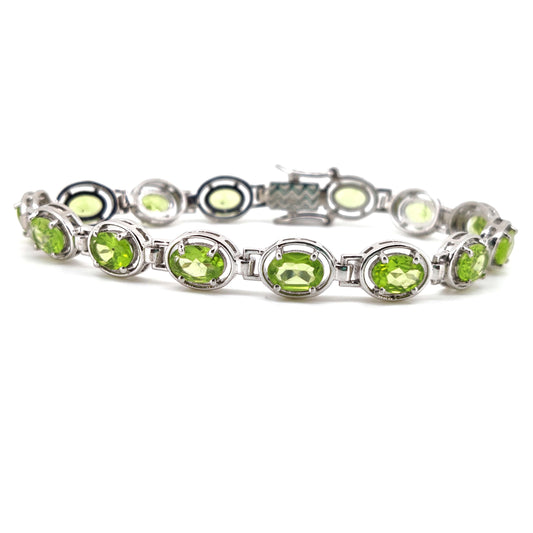 Natural Peridot Tennis Bracelet, Sterling Silver, August Birthstone, Oval Gemstone Jewelry