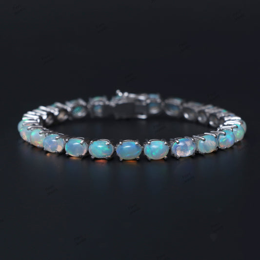 Ethiopian Opal Tennis Bracelet: 925 Sterling Silver Oval Gemstone