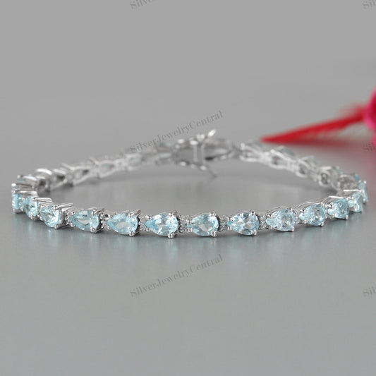 Elegant Blue Topaz Gemstone 925 Sterling Silver Bracelet Pear Cut Handmade Anniversary Jewelry