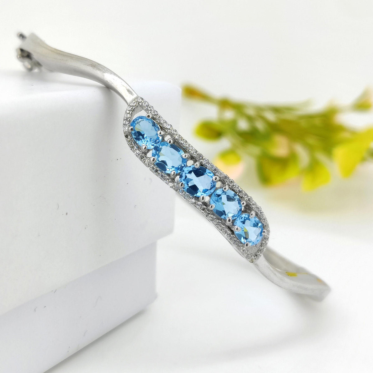 Swiss Blue Topaz Bangle: Sterling Silver, Cubic Zirconia Cluster
