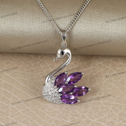 Natural Amethyst Gemstone Swan Pendant Marquise Cut February Birthstone Handmade Jewelry
