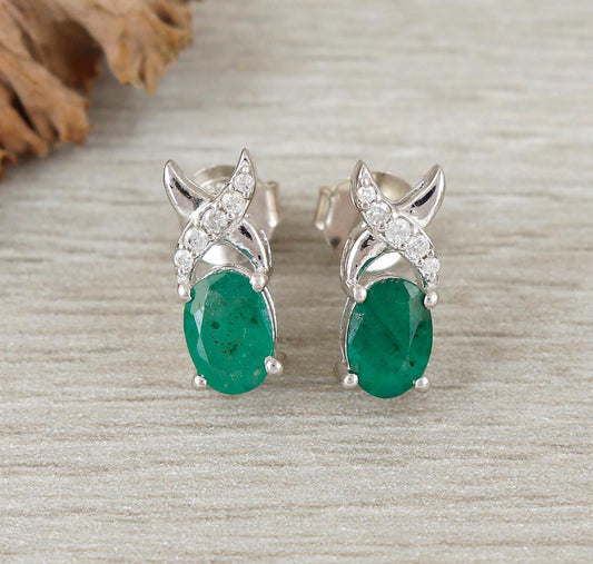 Natural Emerald Sterling Silver Stud Earrings: Handmade May Birthstone