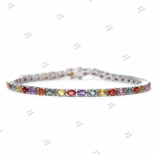 Multi Sapphire Oval Cut Tennis Bracelet, 925 Sterling Silver, Multi Color Gemstone Jewelry
