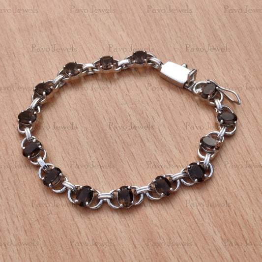 Natural Smoky Quartz Bracelet Sterling Silver Tennis Bracelet Wedding Gift