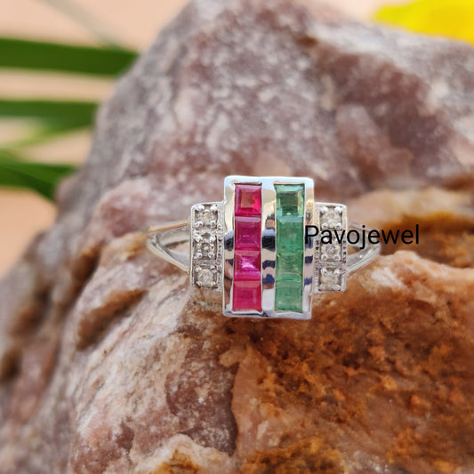 Ruby - Emerald & Diamond Sterling Silver Wedding Ring