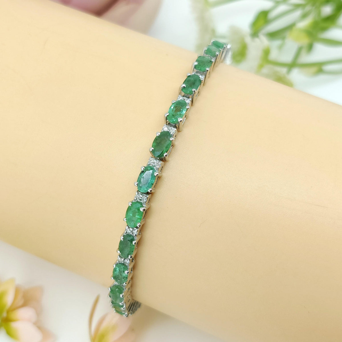Natural Emerald Gemstone Bracelet-925 Sterling Silver Jewelry-Diamond Tennis Bracelet-May Birthstone-Green Emerald Jewelry-Gift for wife