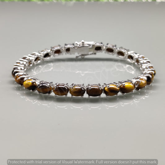 Natural Tiger Eye Bracelet: Sterling Silver Smooth Oval Gemstone Tennis Bracelet For Christmas Gift