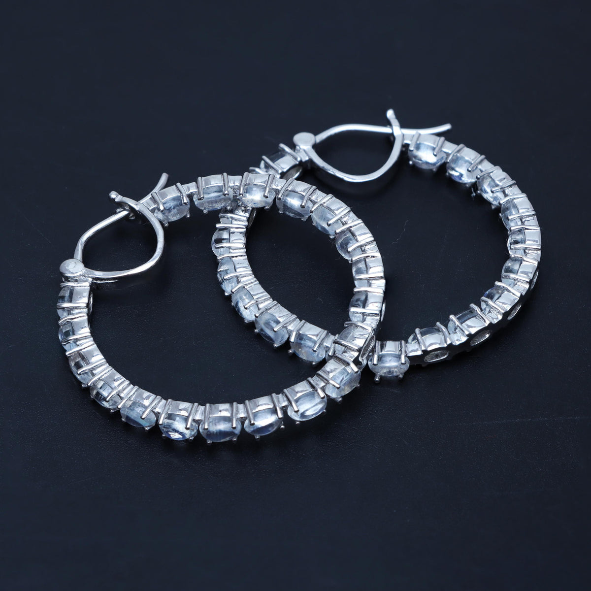 Rainbow Moonstone Hoop Earrings: 925 Sterling Silver, June Birthstone