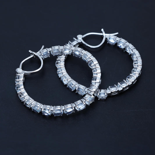 Rainbow Moonstone Hoop Earrings: 925 Sterling Silver, June Birthstone