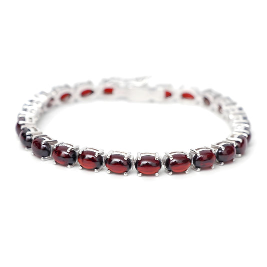 Natural Garnet Tennis Bracelet-925 Sterling Silver Bracelet-Oval Cabochon Bracelet-January Birthstone-Garnet Silver Bracelet-Wedding Gift