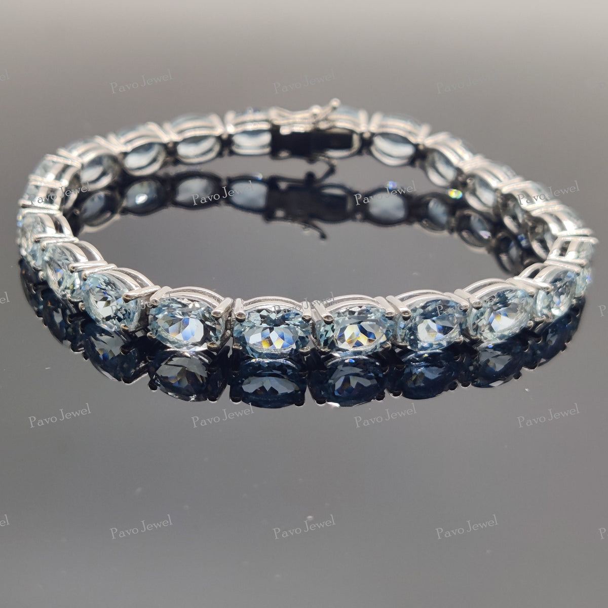 Aquamarine Tennis Bracelet, Oval Cut, 925 Sterling Silver, Birthstone Gift
