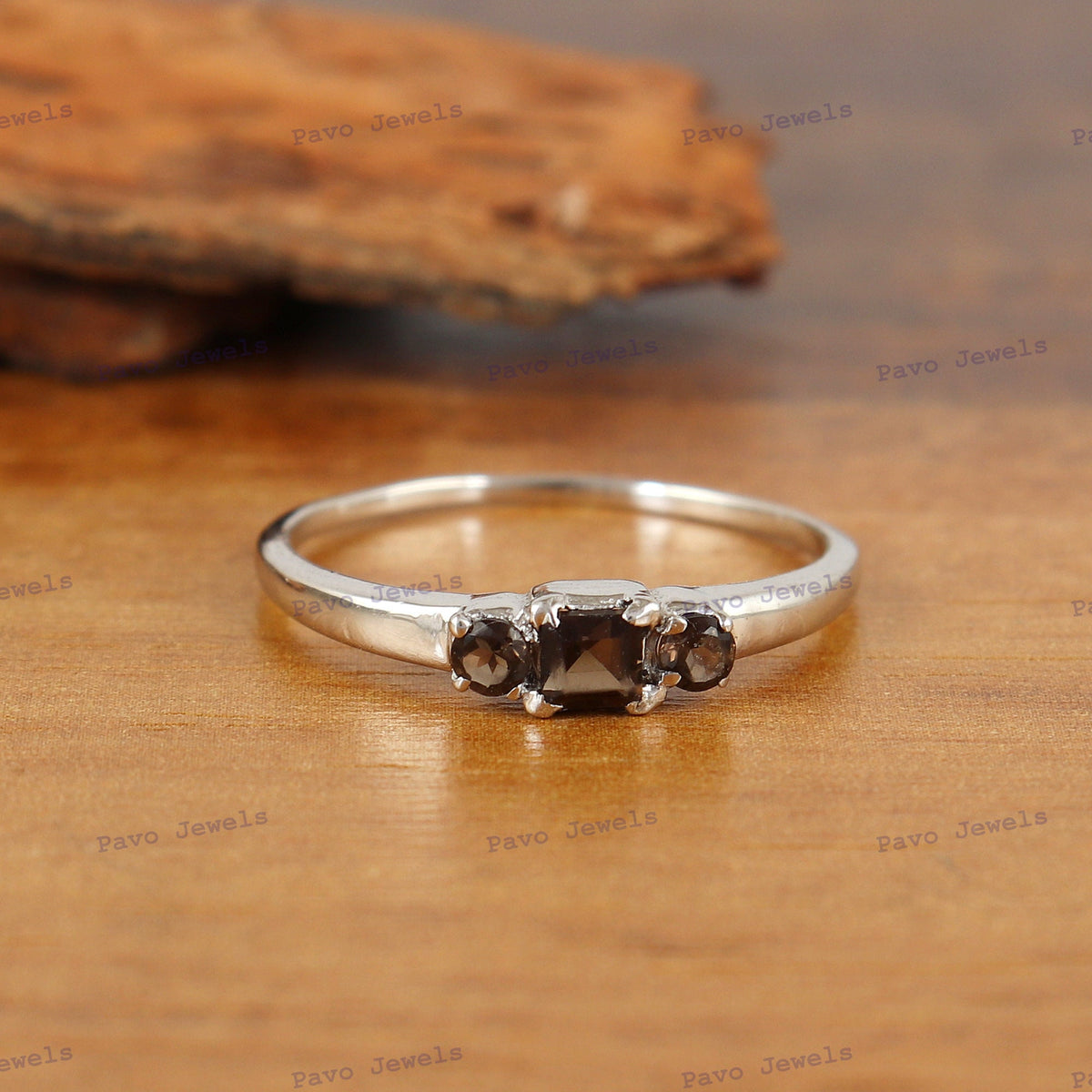 Smoky Quartz Sterling Silver Ring: Square Gemstone Stacking Band