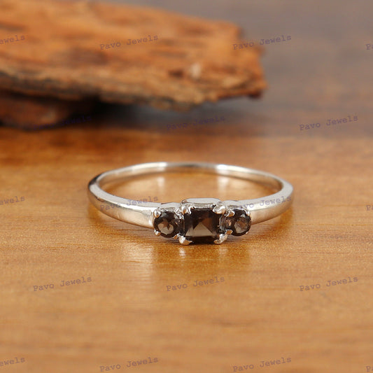 Smoky Quartz Sterling Silver Ring: Square Gemstone Stacking Band