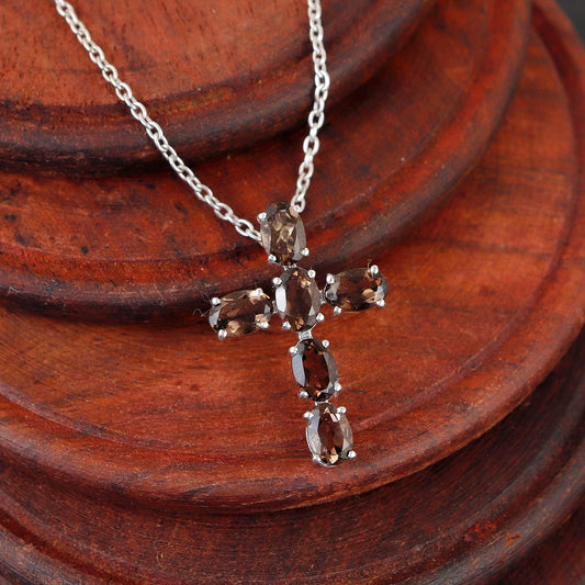 Smoky Quartz Cross Pendant Sterling Silver Holy Cross Jewelry