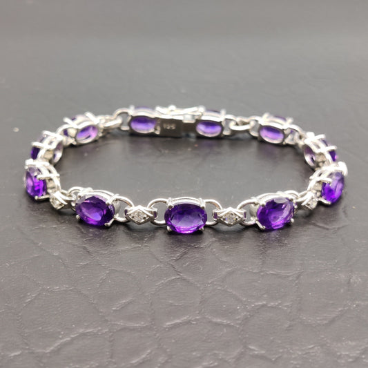 Oval Amethyst Gemstone Bracelet, 925 Sterling Silver, February Birthstone