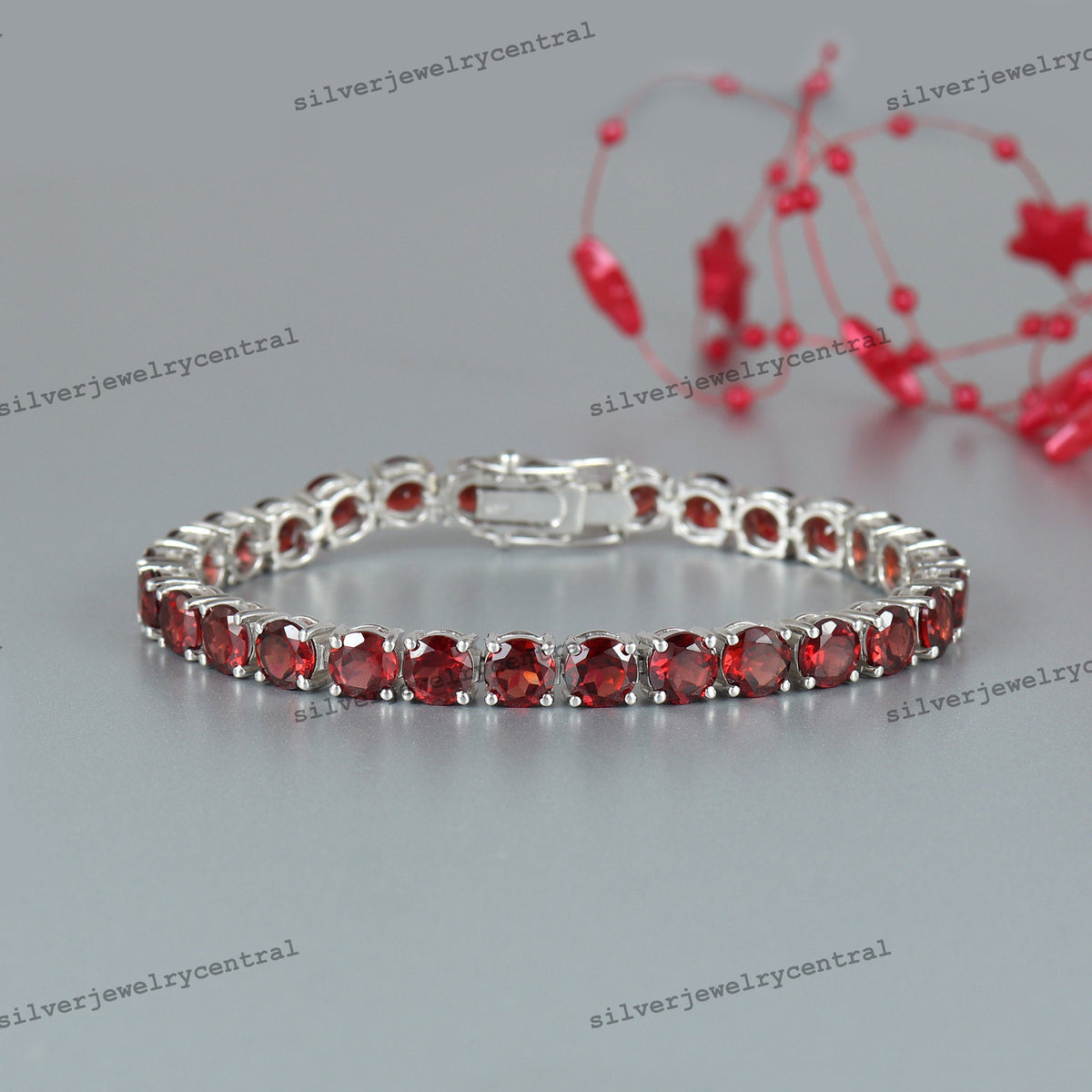 Natural Garnet Gemstone 925 Sterling Silver Tennis Bracelet Handmade January Birthstone Jewelry