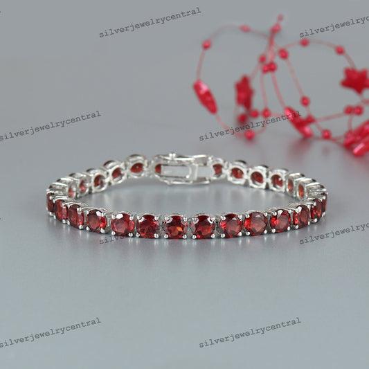 Natural Garnet Gemstone 925 Sterling Silver Tennis Bracelet Handmade January Birthstone Jewelry