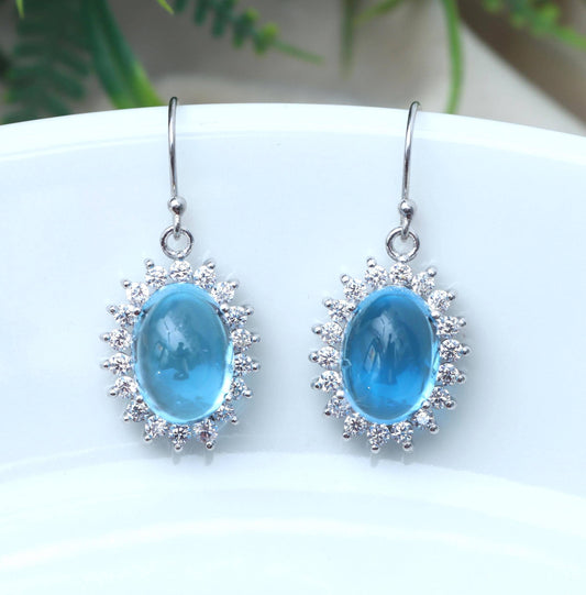 Sterling Silver Swiss Blue Topaz Earrings: Oval Dangle, December Birthstone