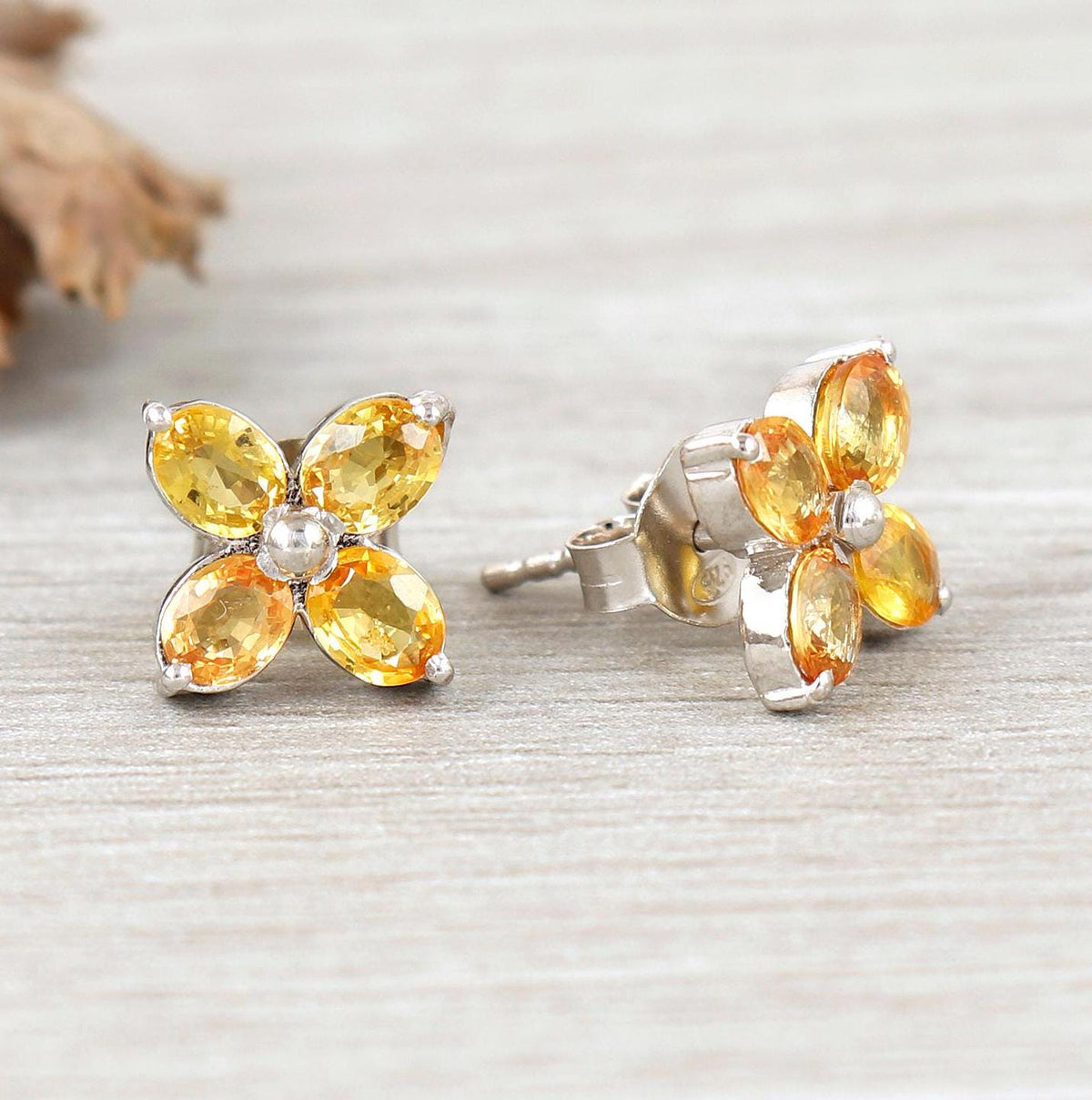 Natural Yellow Sapphire Flower Stud Earring-Gemstone Flower Stud-925 Sterling Silver-September Birthstone-Handmade Jewelry-Anniversary Gift