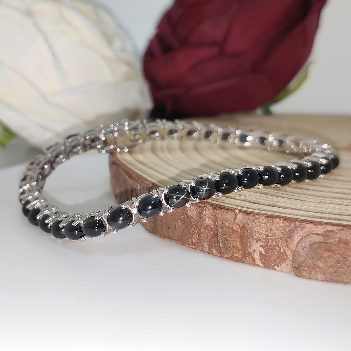 Black Star Tennis Bracelet: Oval Gemstone, 925 Sterling Silver