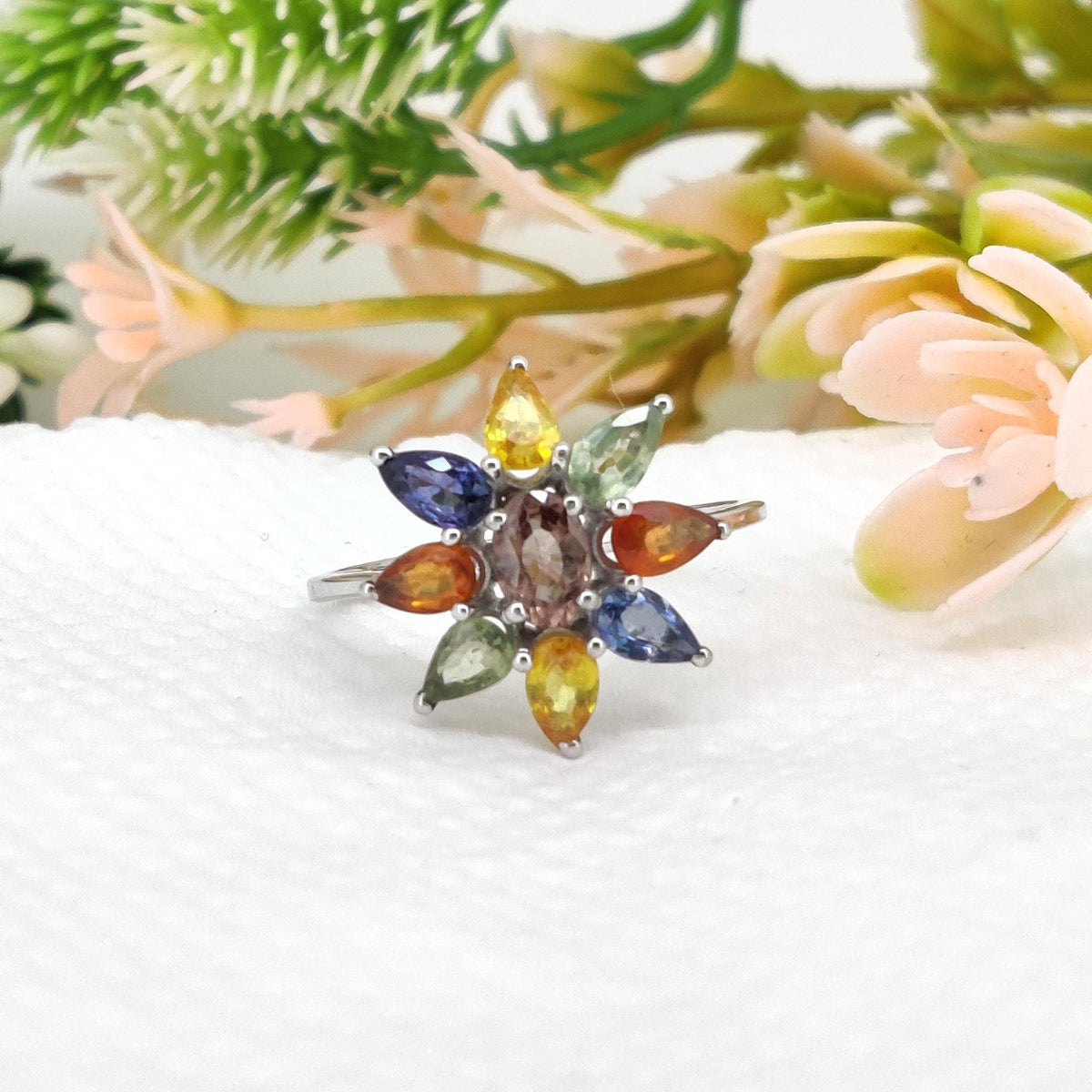 Multi Sapphire Silver Ring, Colorful Sapphire Band Jewelry, Handmade September Birthstone Gift