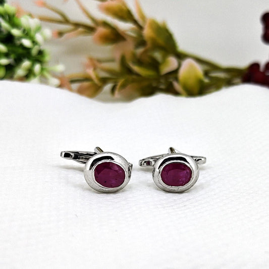 Handmade Oval Ruby Cufflinks, Sterling Silver Gemstone, July Birthstone
