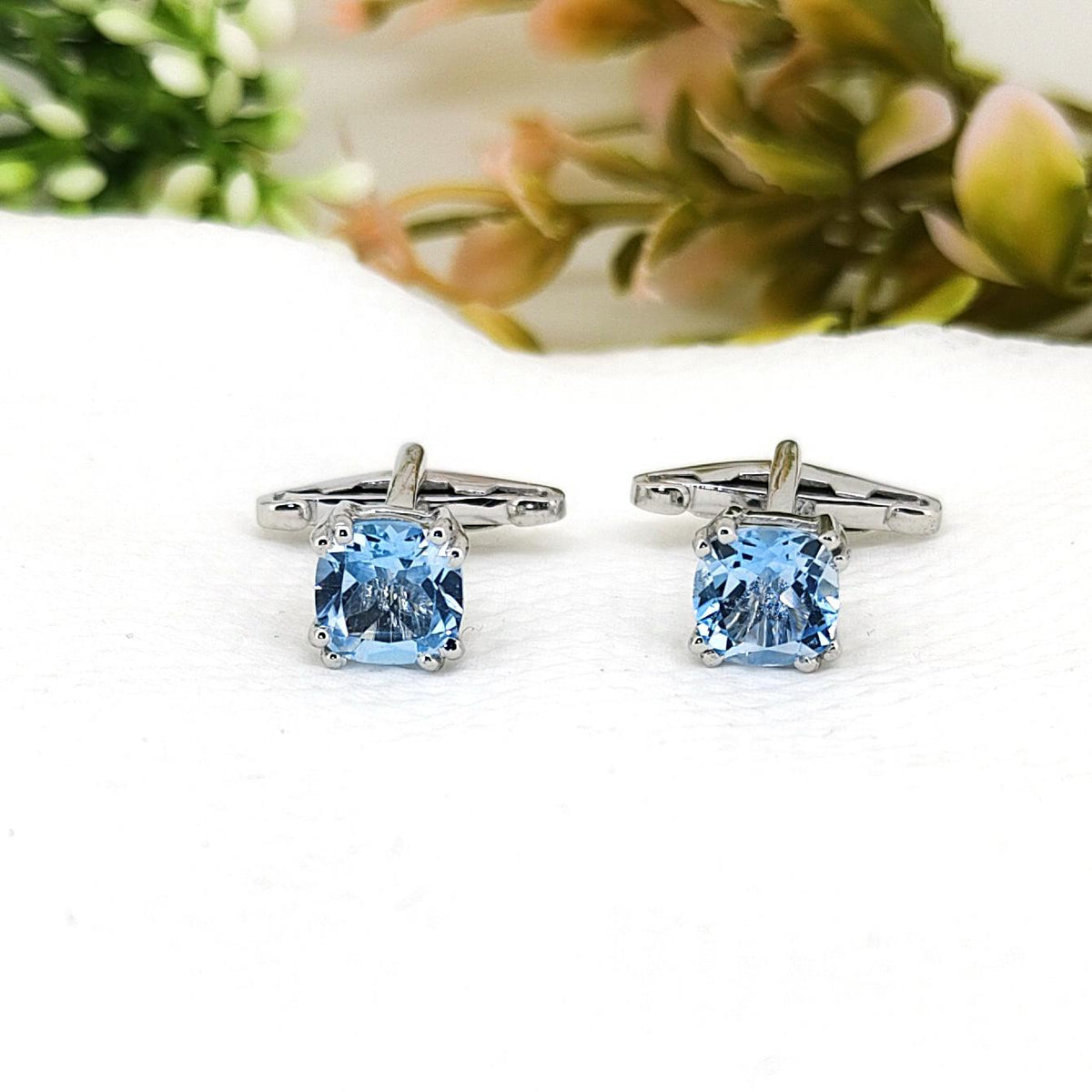 Natural Blue Topaz Cufflinks- Handmade Sterling Silver Gemstone-December Birthstone