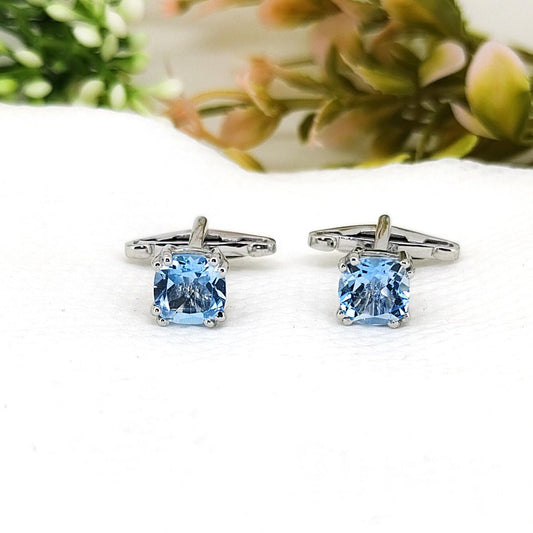 Natural Blue Topaz Cufflinks- Handmade Sterling Silver Gemstone-December Birthstone