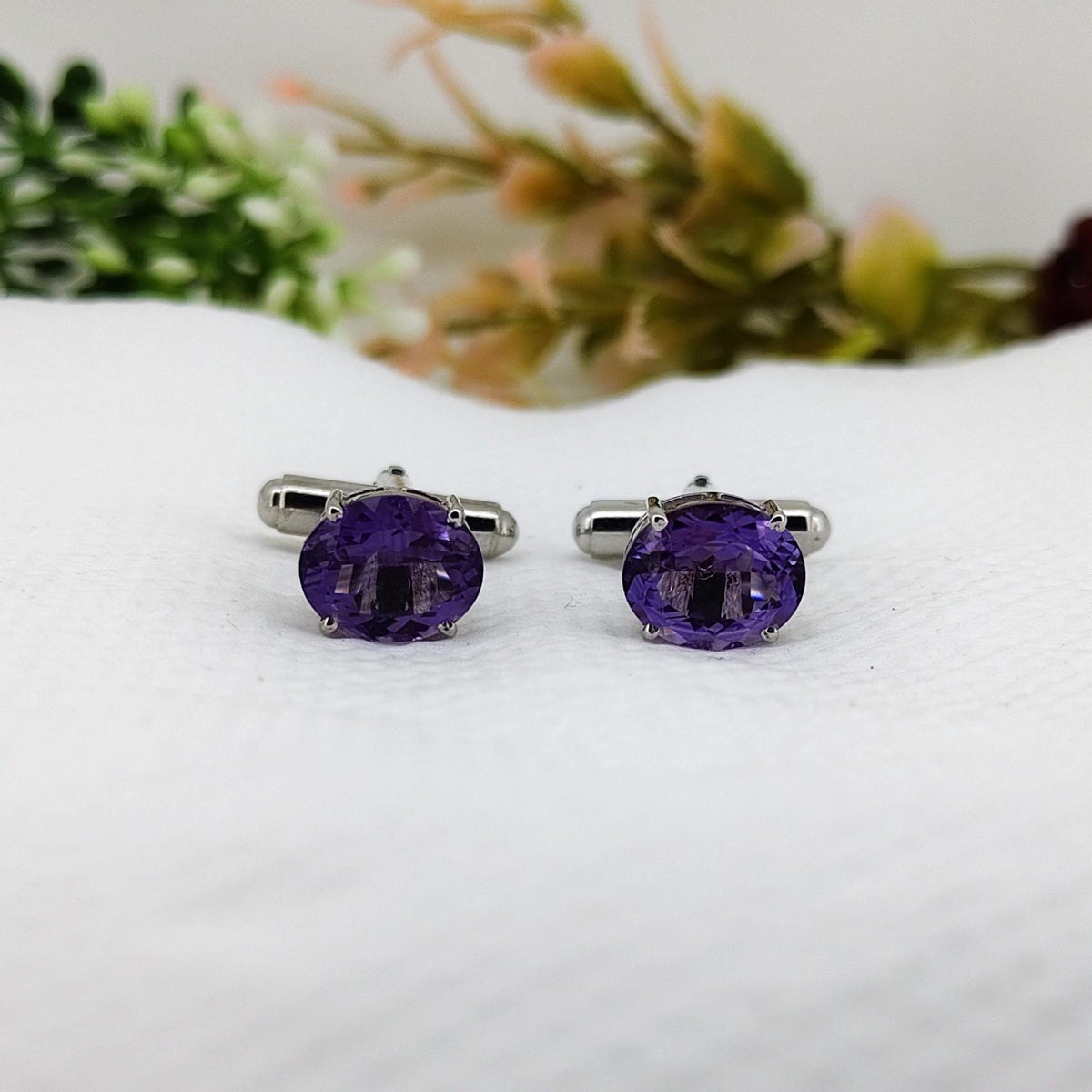 Amethyst Sterling Silver Cufflinks- Handmade Purple Oval Gemstone -February Birthstone- Gifts For Him