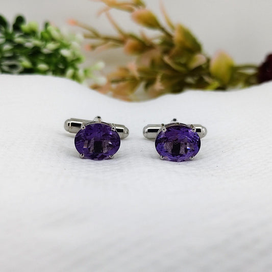 Amethyst Sterling Silver Cufflinks- Handmade Purple Oval Gemstone -February Birthstone- Gifts For Him