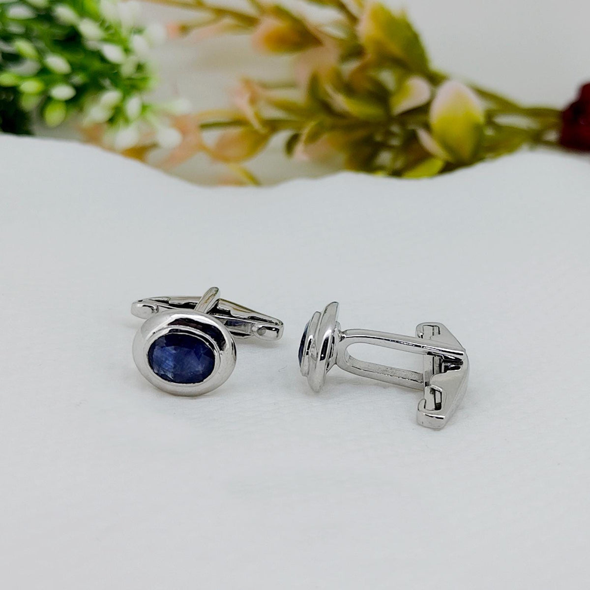 Blue Sapphire Cufflinks, Sterling Silver, Oval Gemstone, September Birthstone