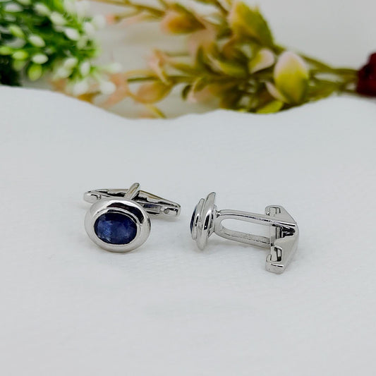 Blue Sapphire Cufflinks, Sterling Silver, Oval Gemstone, September Birthstone