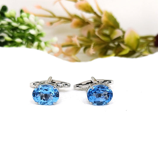 Handmade Swiss Blue Topaz Cufflinks, Sterling Silver Oval Gemstone