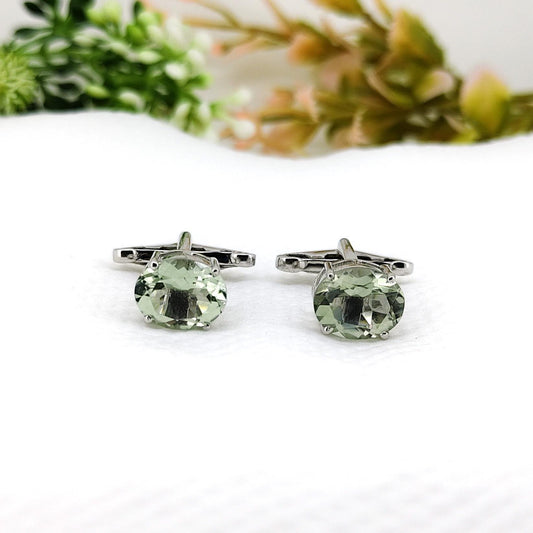Green Amethyst Cufflinks Sterling Silver Oval Gemstone February Birthstone Gift for Him